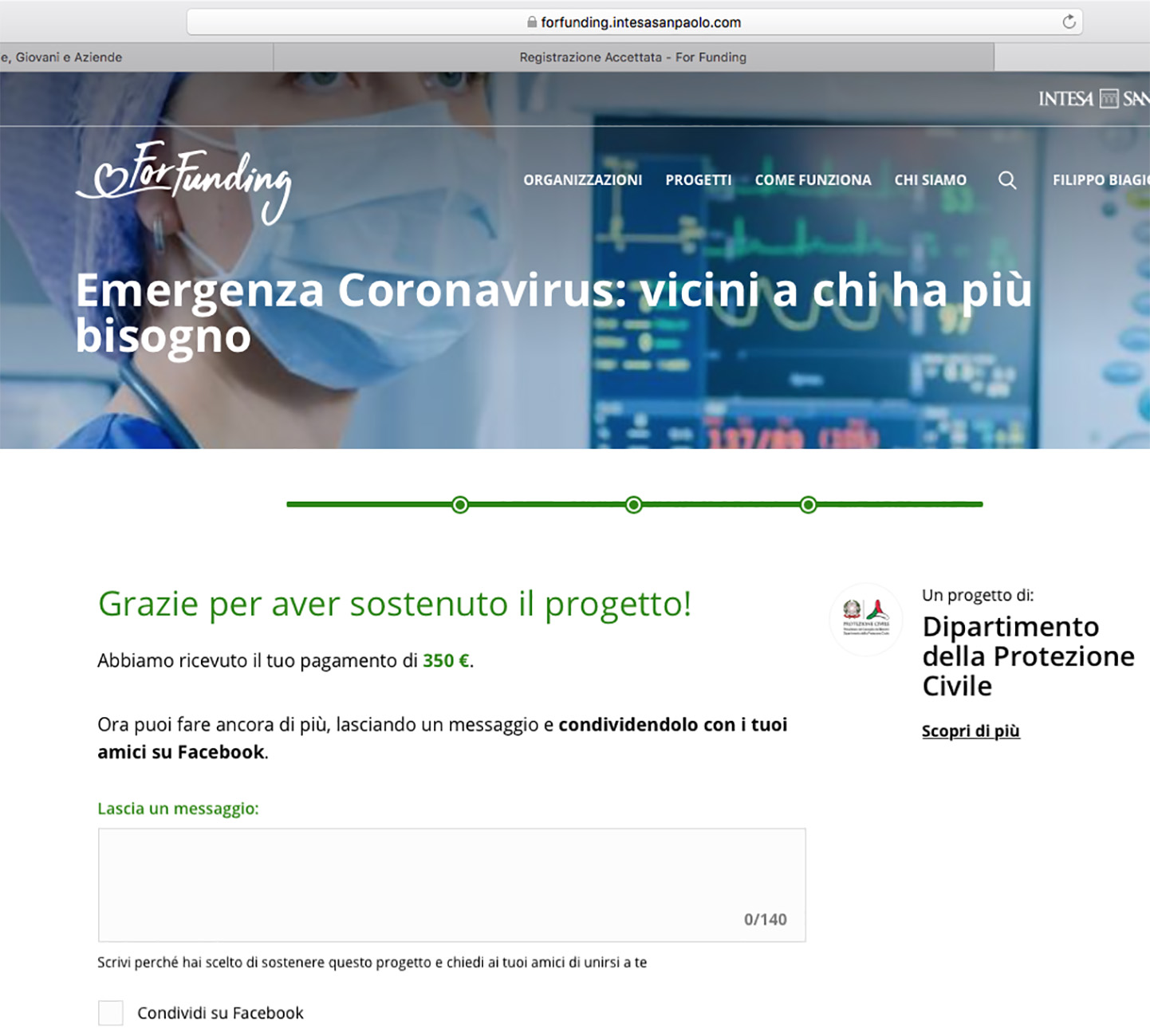 ricevuta donazione soldi raccolti lotta al coronavirus Filippo Biagioli Andrea Mattiello